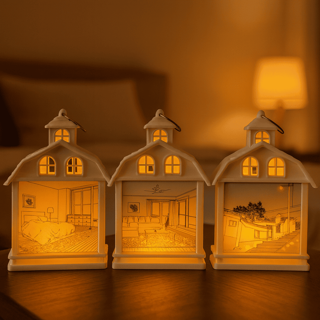 Cozy decorative house lamps with warm interior and exterior designs, ideal for home decor.