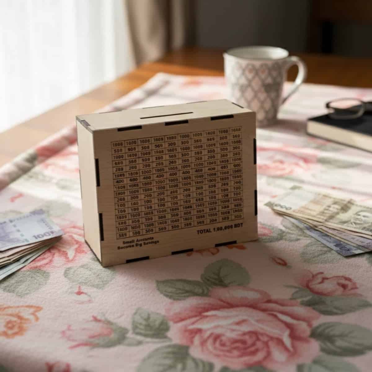 Odds and ends in cash and small accessories on a floral tablecloth at Nus Haat.