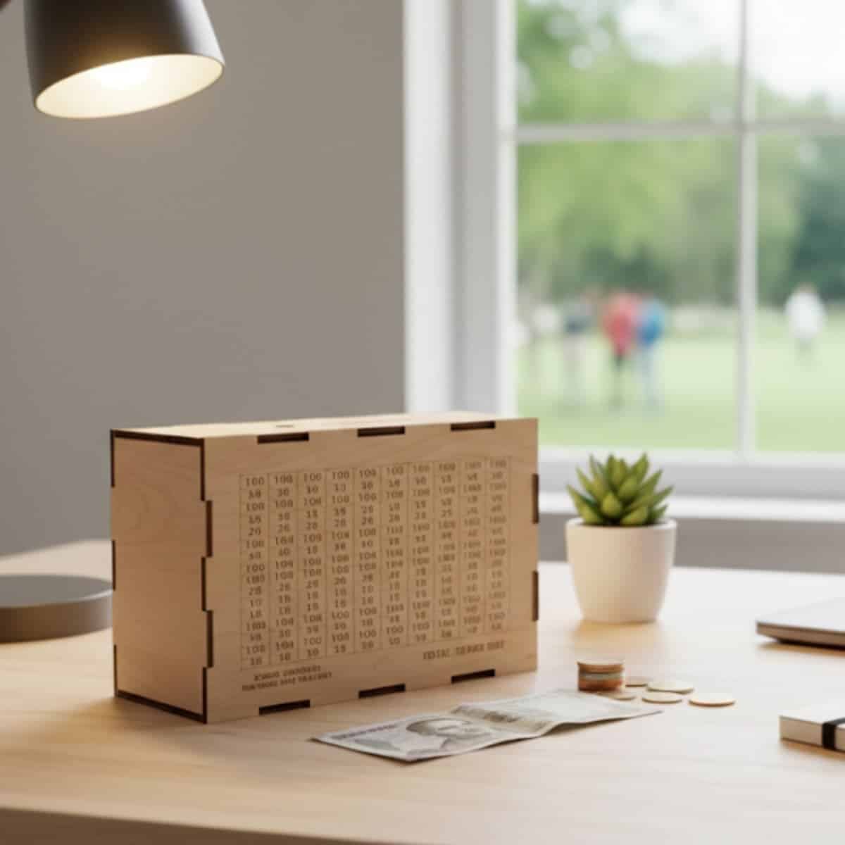 1. Wooden tally counter box on table with coins, newspaper, and potted plant near window.