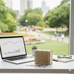 Modern workspace with laptop displaying stock charts and urban park view, emphasizing professional environment and nature.