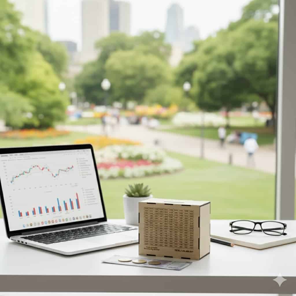 Modern workspace with laptop displaying stock charts and urban park view, emphasizing professional environment and nature.
