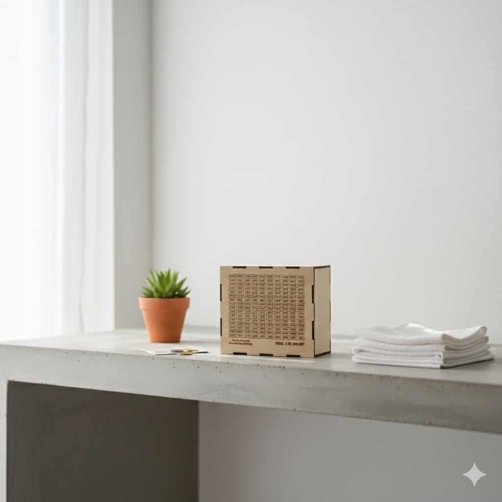Minimalist interior with small potted plant, cardboard box, and folded towels on white shelf.