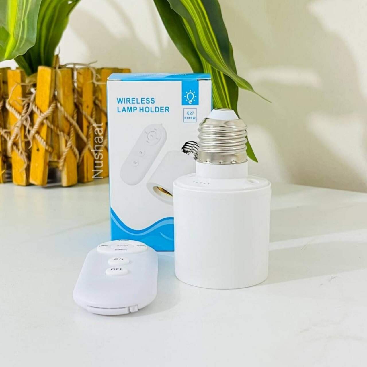 Wireless LED lamp holder with remote control, energy-efficient, modern home lighting accessory.